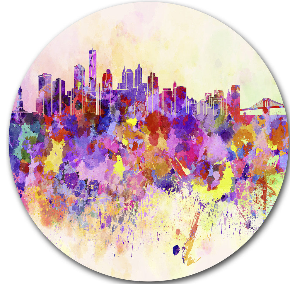 Purple New York Skyline, Cityscape Disc Metal Artwork, 23"