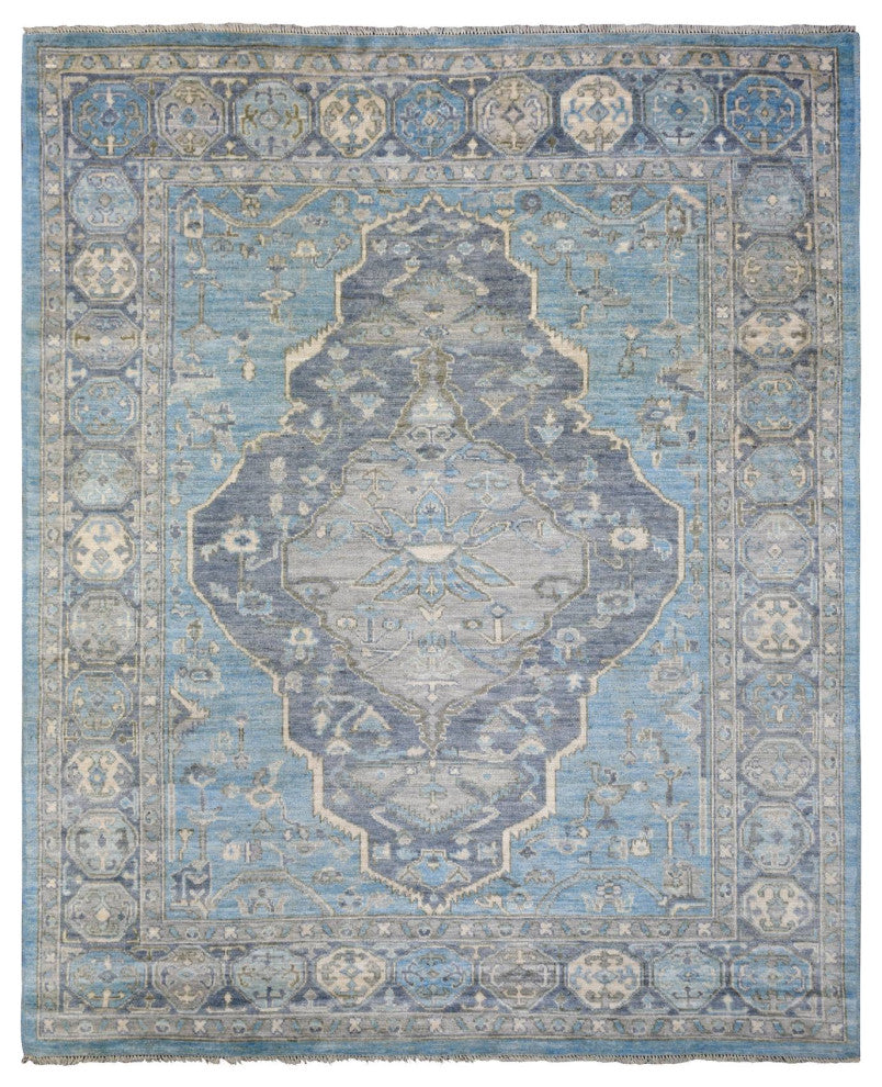 Light Blue, Hand Knotted Anatolian Village Inspired Wool Rug, 8'0"x9'6"