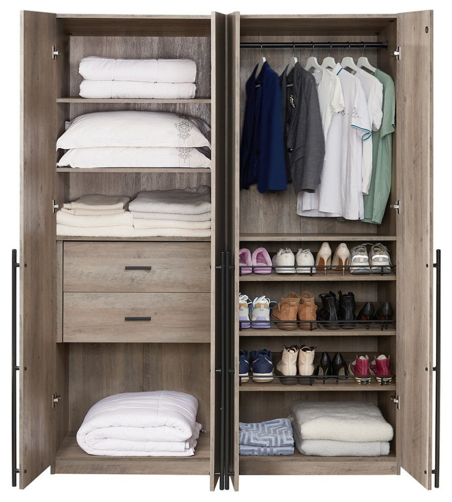 Lee Modern 2-Piece Wardrobe With 1 Rod, 2 Drawers, 3 Shoe Storage & 5 Shelves, Rustic Gray