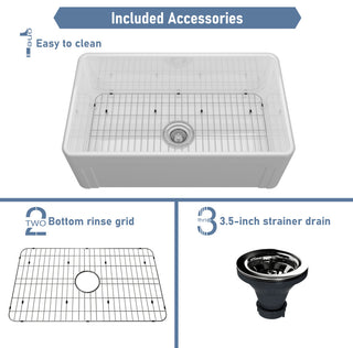 30in Single Bowl Farmhouse Apron Kitchen Sink with Bottom Grid and Strainers