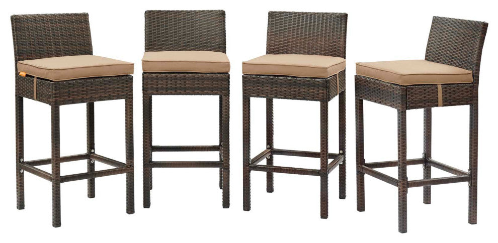 Contemporary Outdoor Patio Bar Stool Chair, Set of Four, Fabric Rattan, Brown