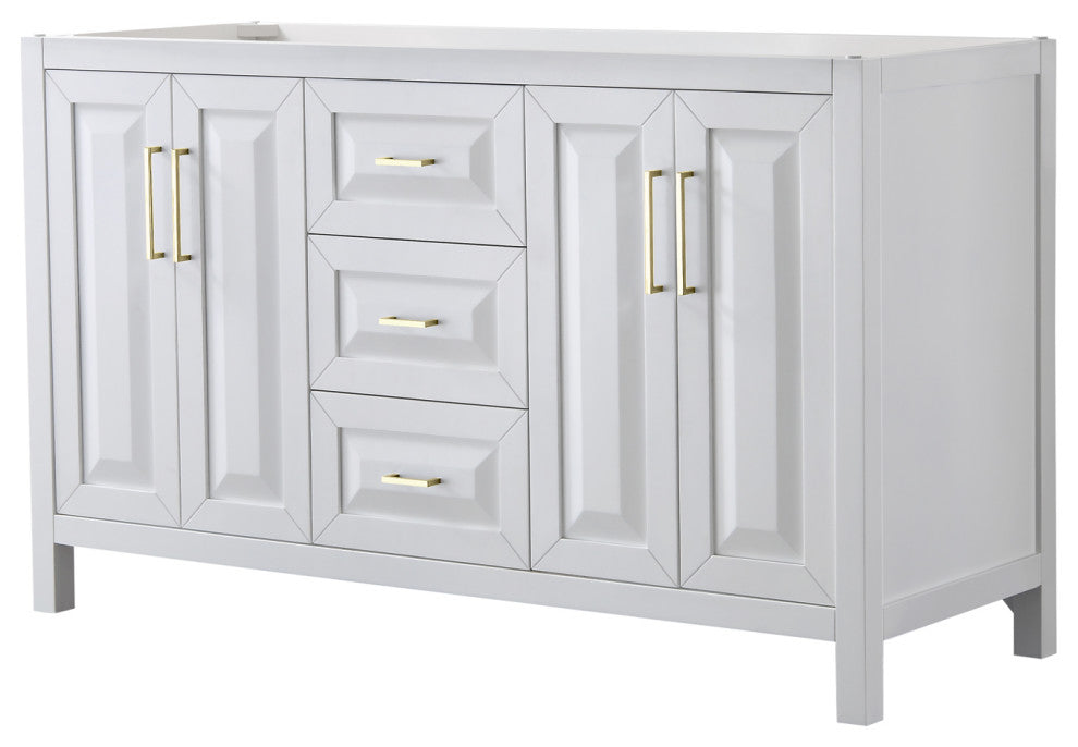 60" Double Bath Vanity, White, No Countertop, No Sink, Gold Trim