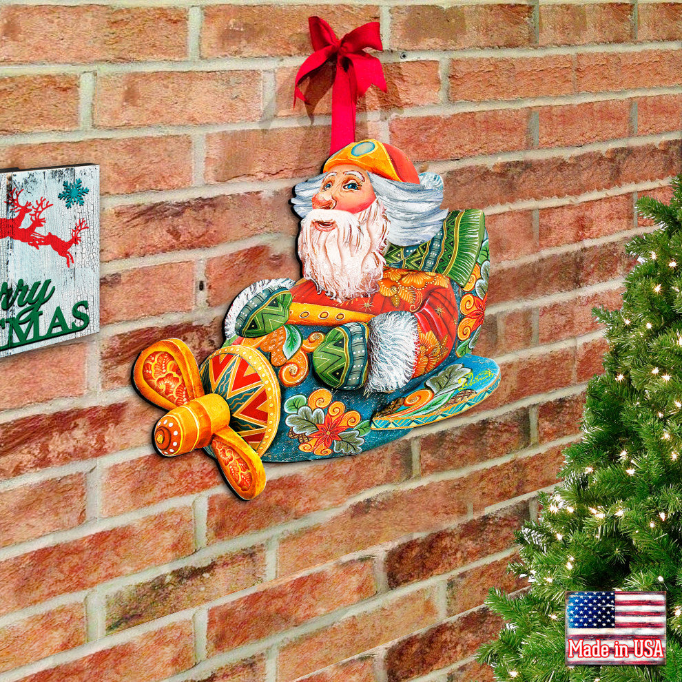 Aviator Santa, Wooden Decorative Holiday Door Hanger
