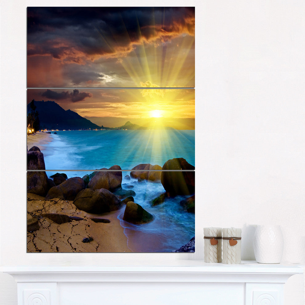 "Bright Yellow Sun Over Blue Waters" Beach Metal Wall Art, 3 Panels, 28"x36"