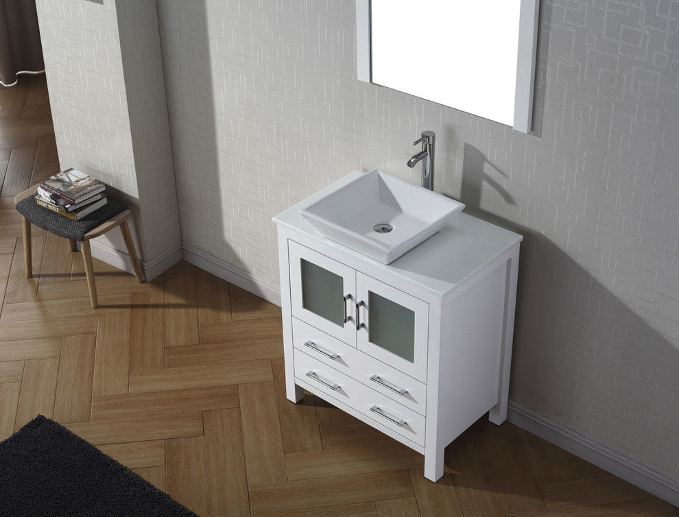 Virtu Dior 30" Single Bathroom Vanity, White With White Top, Faucet and Mirror