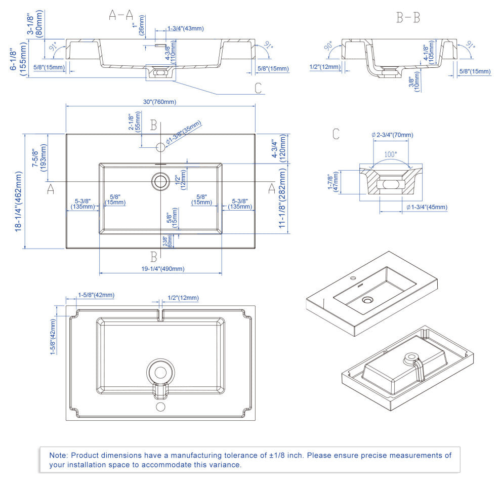 Dowell 18" FTB Resin Bathroom Vanity Basin, White, 30wx18dx6h
