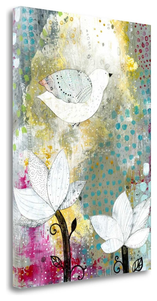 "Bird With Lotus Flowers" By Sarah Ogren, Giclee Print on Gallery Wrap Canvas