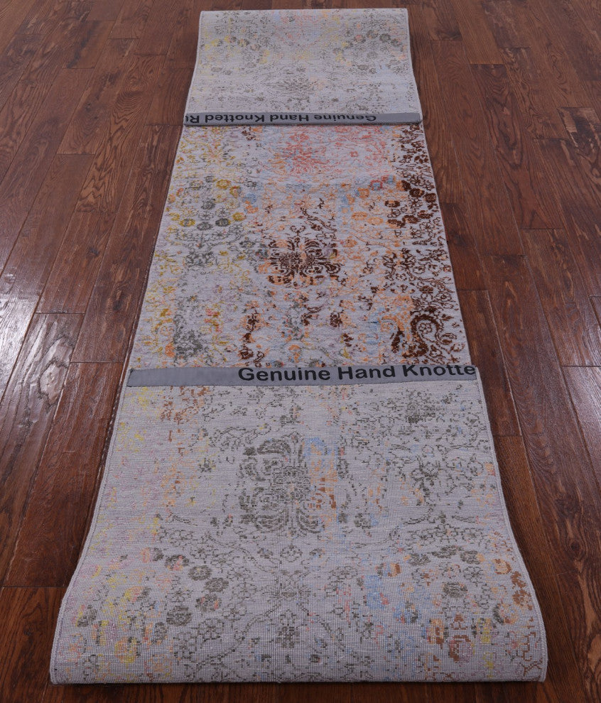 2' 7" X 13' 10" Wool and Silk Modern Handmade Runner Rug Q9263
