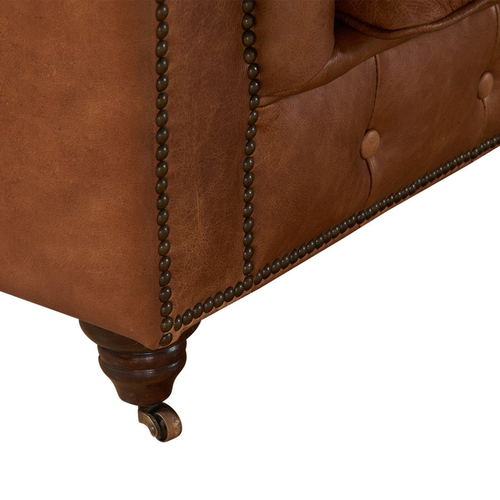Crafters and Weavers Top Grain Leather Chesterfield Sofa, Light Brown
