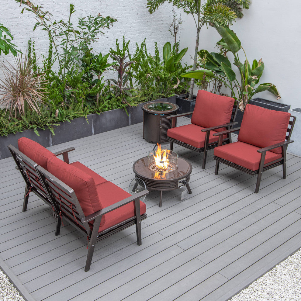 LeisureMod Walbrooke Patio Conversation Set With Fire Pit Table, Red