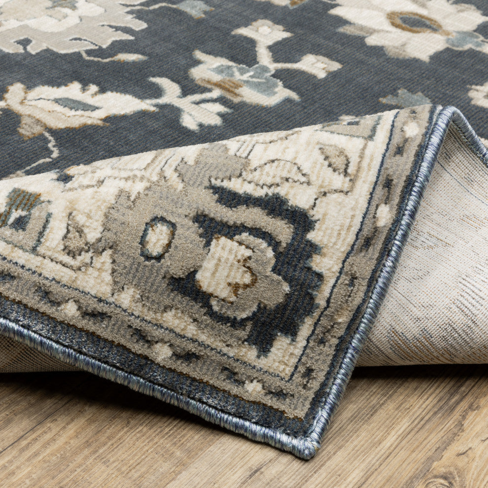 Emilia Bordered Traditional Blue/ Beige Area Rug 9'10" x 12'10"