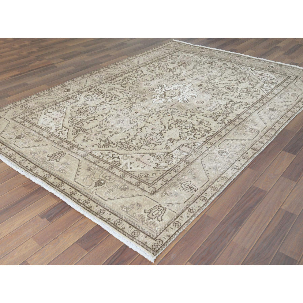 Worn Wool Hand Knotted Ivory Vintage White Wash Persian Tabriz Rug, 6'3" x 9'0"