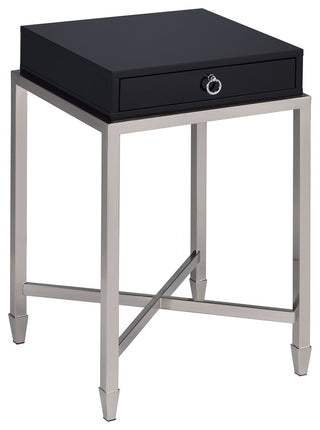 Allura Collection 1-Drawer End Table, Black with Brushed Nickel