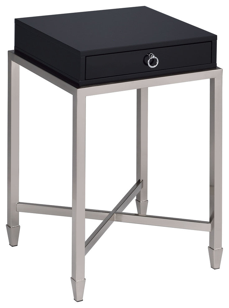 Allura Collection 1-Drawer End Table, Black with Brushed Nickel