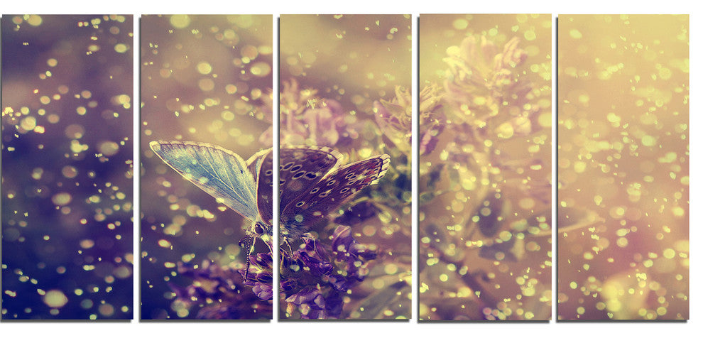 Blue Butterfly And Purple Flowers, Large Floral Canvas Print, 60"x28", 5 Panels