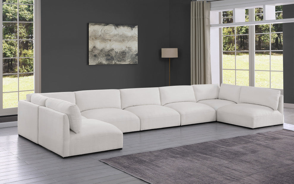 Ease Polyester Upholstered U-Shaped Modular Sectional, Cream, 7 Piece: 2 Corner, 5 Armless