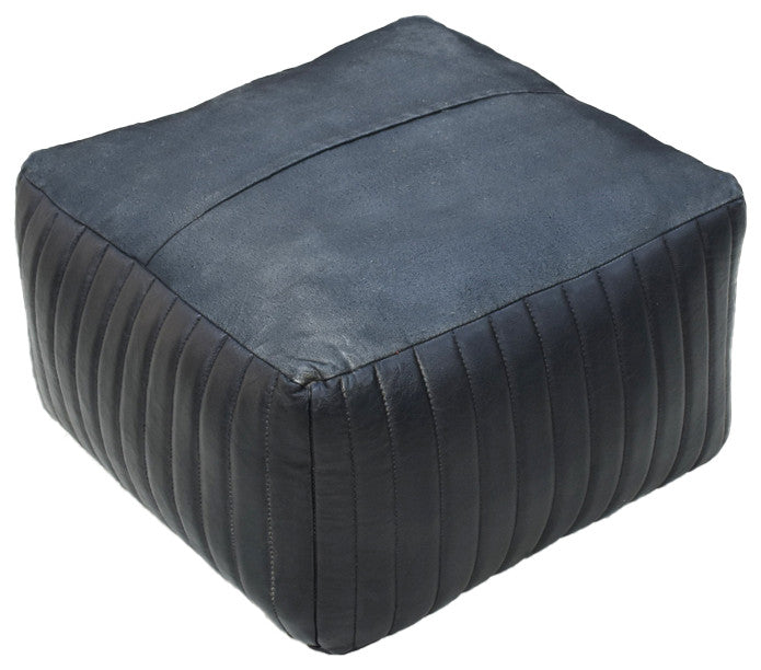 Poufs-Solid Handmade Goat Leather Pouf, Recycled Cotton Fill, Black, Square, 21x21x12