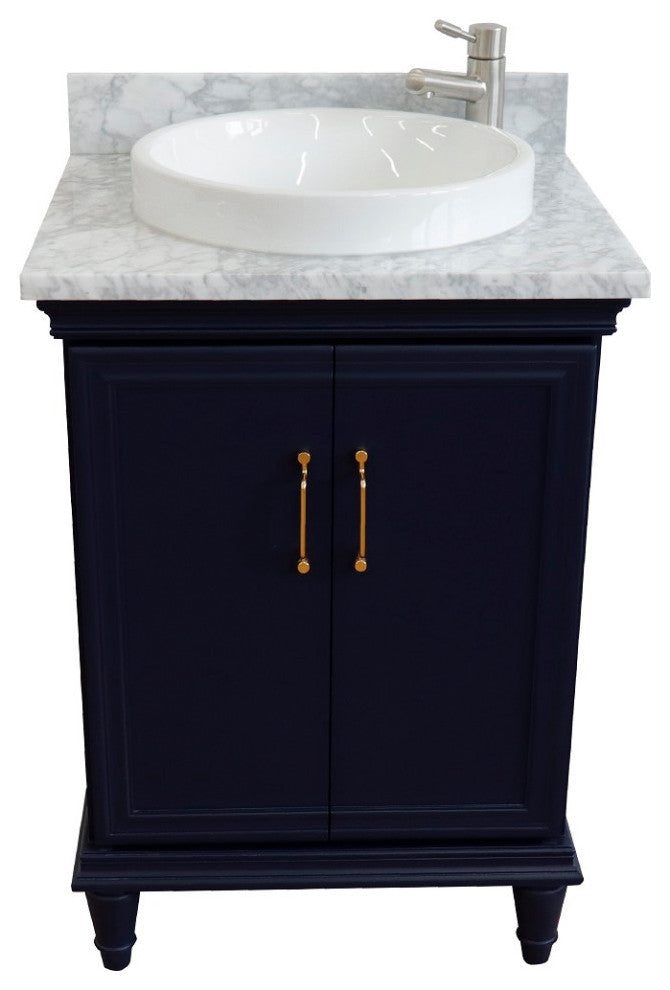 25" Single Vanity, Blue Finish With White Carrara And Round Sink