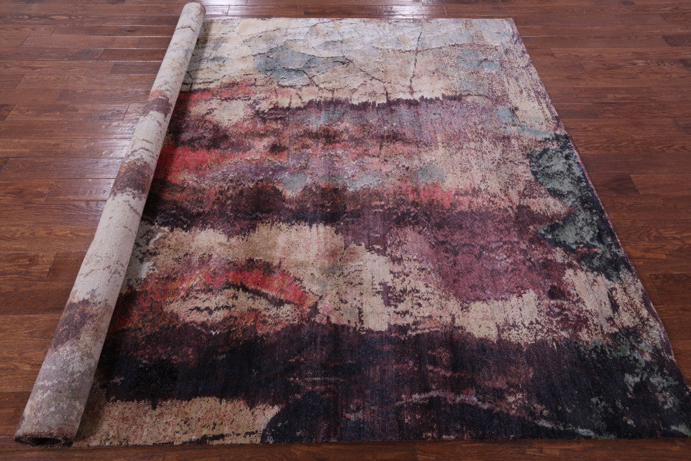 7' 10" X 9' 10" Wool and Silk Abstract Handmade Rug Q9051