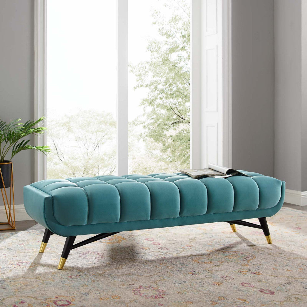 Accent Chair Bench, Velvet, Blue, Modern, Living Lounge Hotel Lobby Hospitality
