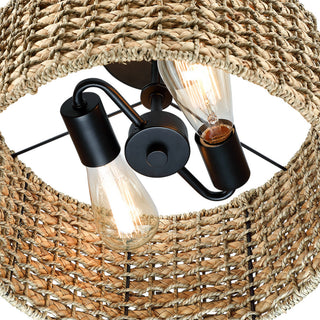 13.6" 2-Light Natural Rattan Semi-Flush Mount Ceiling Light With Black Canopy