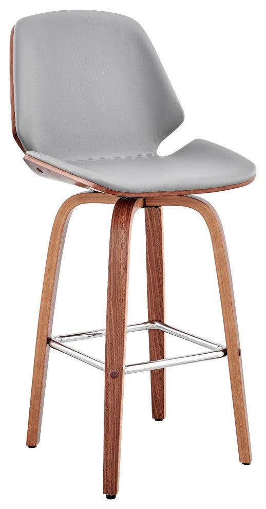 26" Gray Faux Leather Swivel Seat Wooden Bar Stool