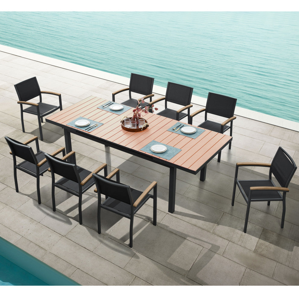Carlo Extend Imitated Wood Outdoor Dining Set for 8, Patio Party Furniture