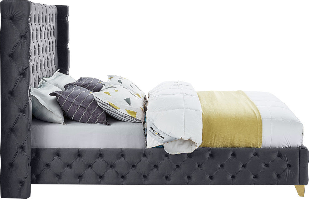 Savan Velvet Upholstered Bed, Gray, Queen