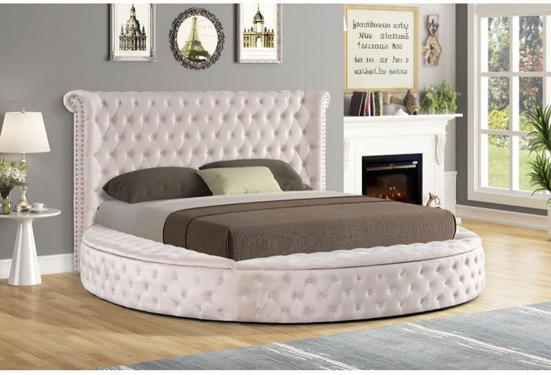 Velvet Tufted upholstered Platform Storage Bed, Circle Bed Frame Eastern King