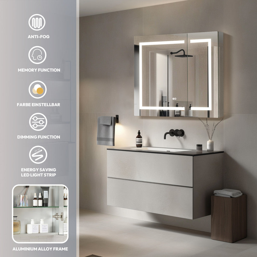 Santona Wall Medicine Cabinet, Frameless LED Mirror, Silver, 36"w X 32"h