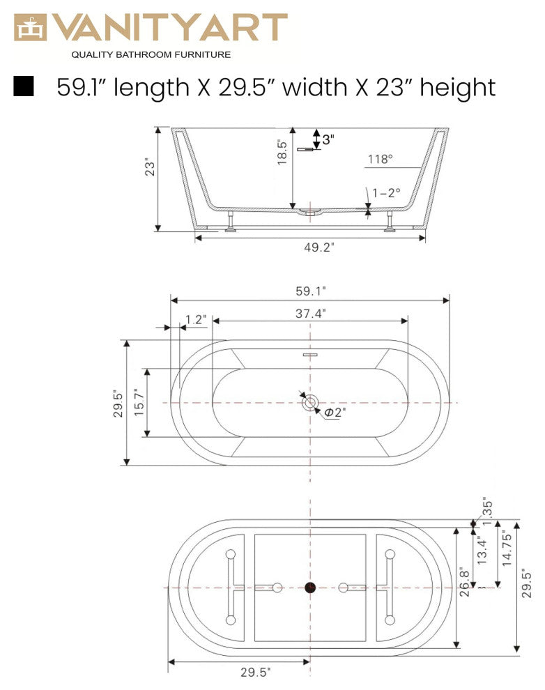 Freestanding Acrylic Bathtub, White/Integrated Overflow, 59"