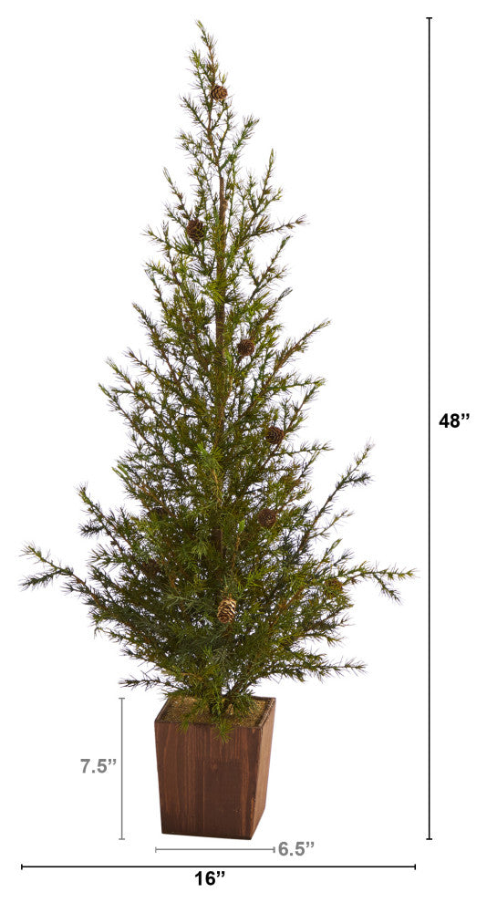 4' Alpine Natural Look Artificial Christmas Tree, Wood Planter With Pine Cones