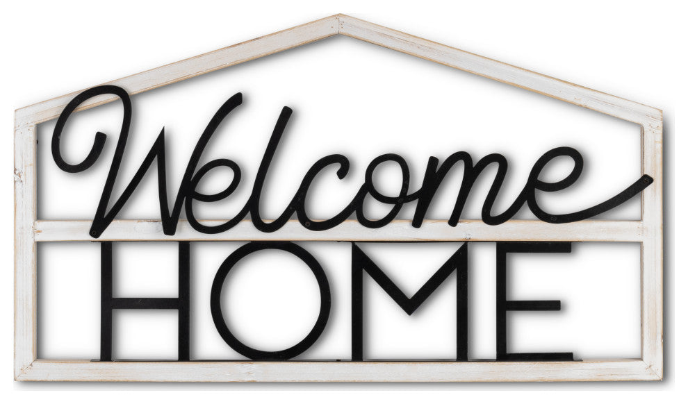 23.63" White and Black Wood and Metal Welcome Home Wall Art