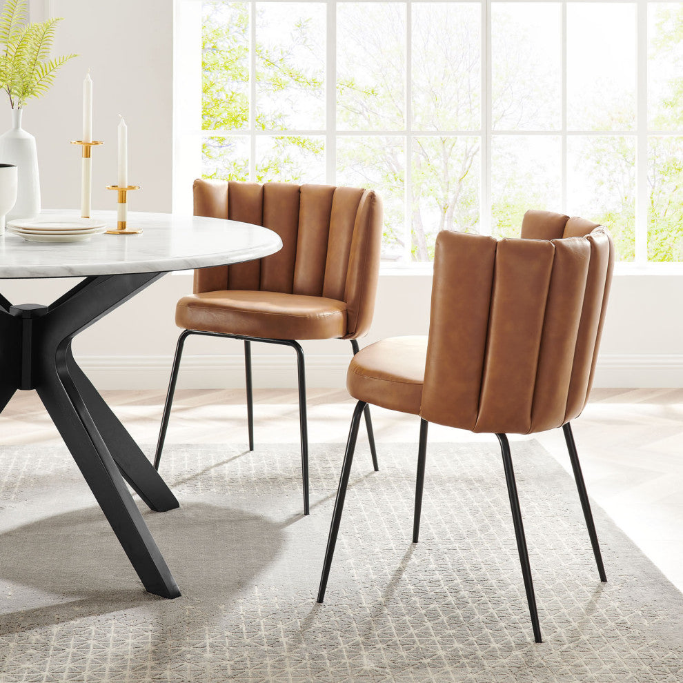 Dining Chair, Set of 2, Tan Black, Vegan Leather, Modern Bistro Hospitality