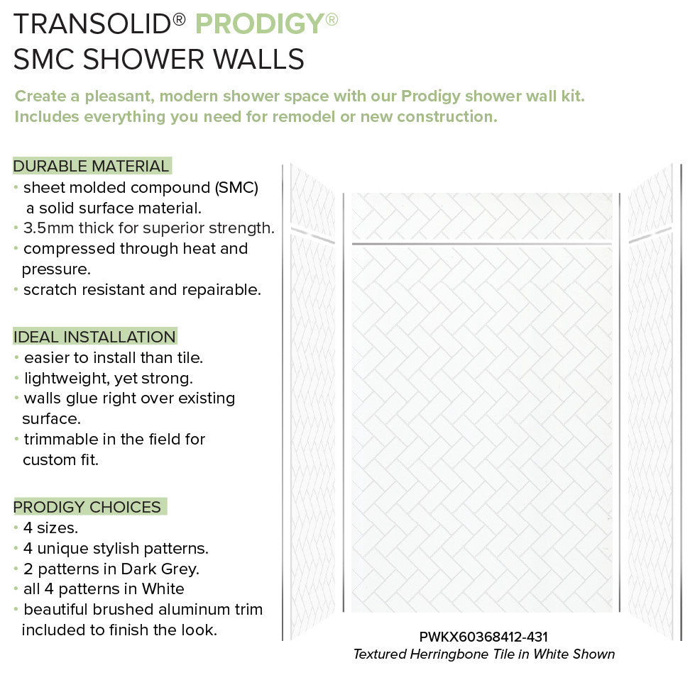Transolid PWKX60368412-431 Prodigy 60"x36"x96" Shower Wall Kit White Herringbone