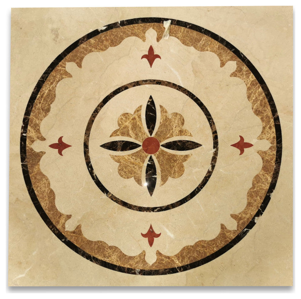 Marble Medallion Garden Emperador Rojo 36" Inlay Waterjet Art Piece, 1 piece