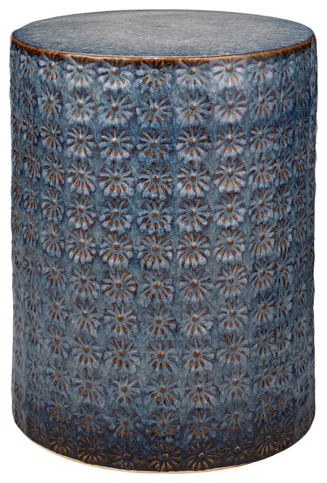 Embossed Wild Flower Pattern Ceramic Side Table Blue Bronze Print Drum Outdoor