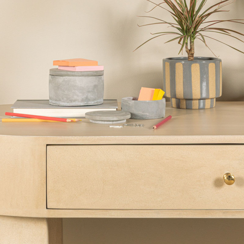 Gray Round Decorative Cement Boxes With Lids, 2-Piece Set