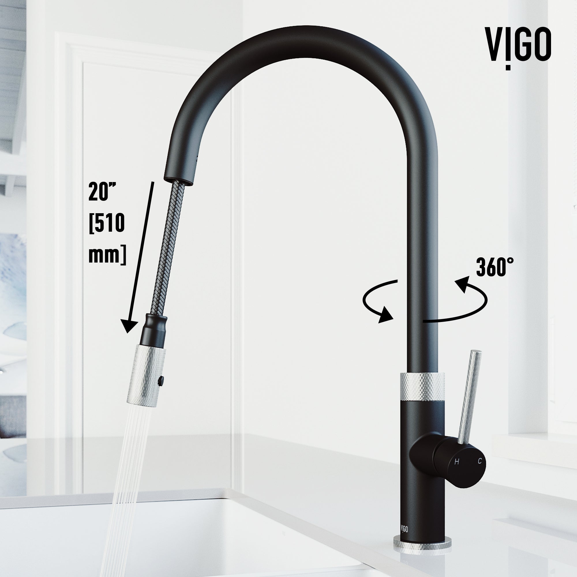 VIGO Bristol 19" H Single Handle Pull-Down Sprayer Kitchen Faucet, Stainless Steel/Matte Black, Without Extras