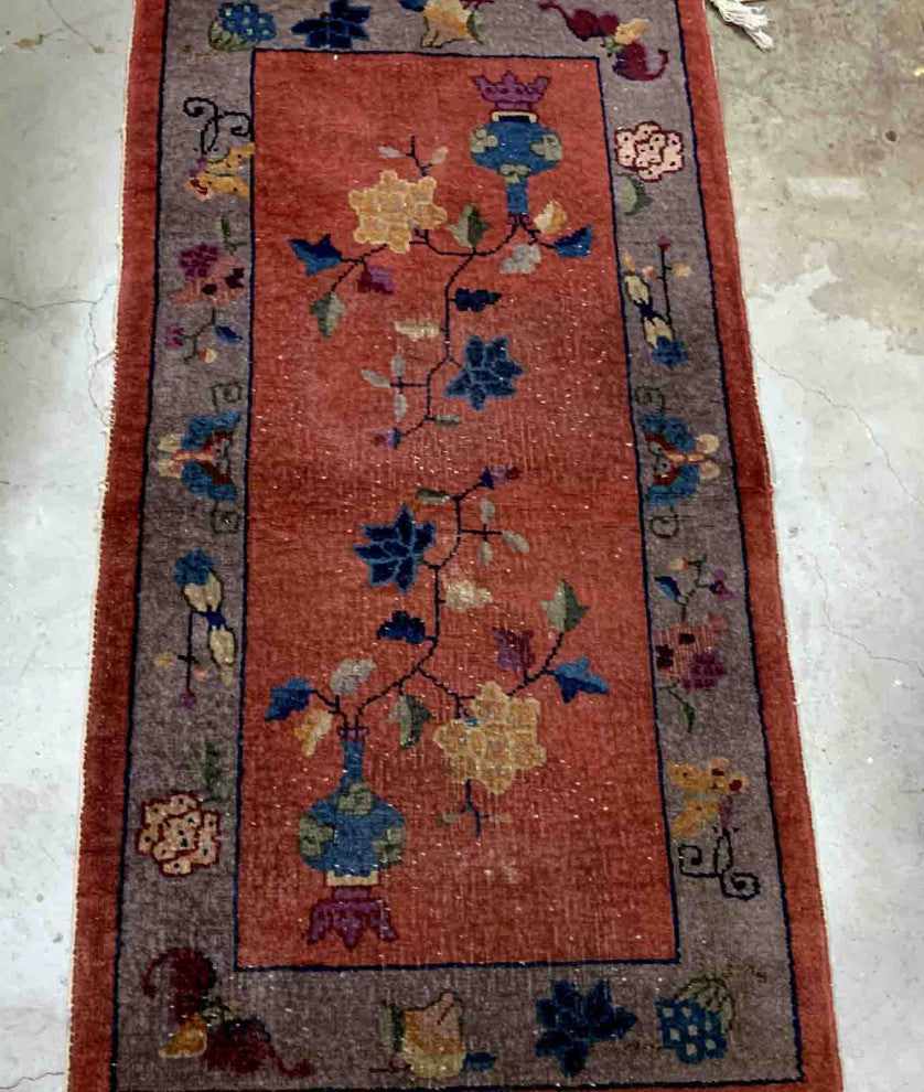 Handmade Antique Art Deco Chinese Rug 2.1'x4.3', 64cmx131cm 1920s