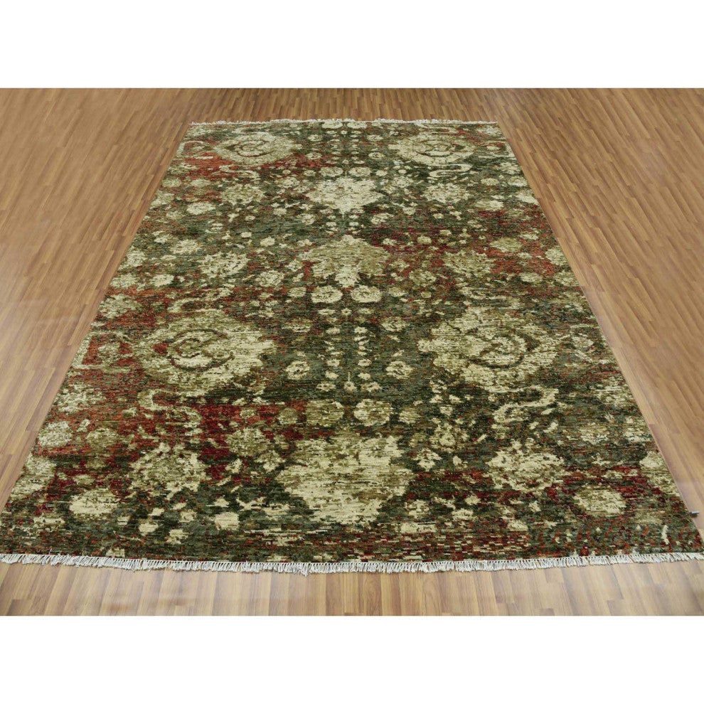 Green With Pop of Red, Hand Knotted Mahal Design, Pure Wool Rug, 9'1"x11'10"