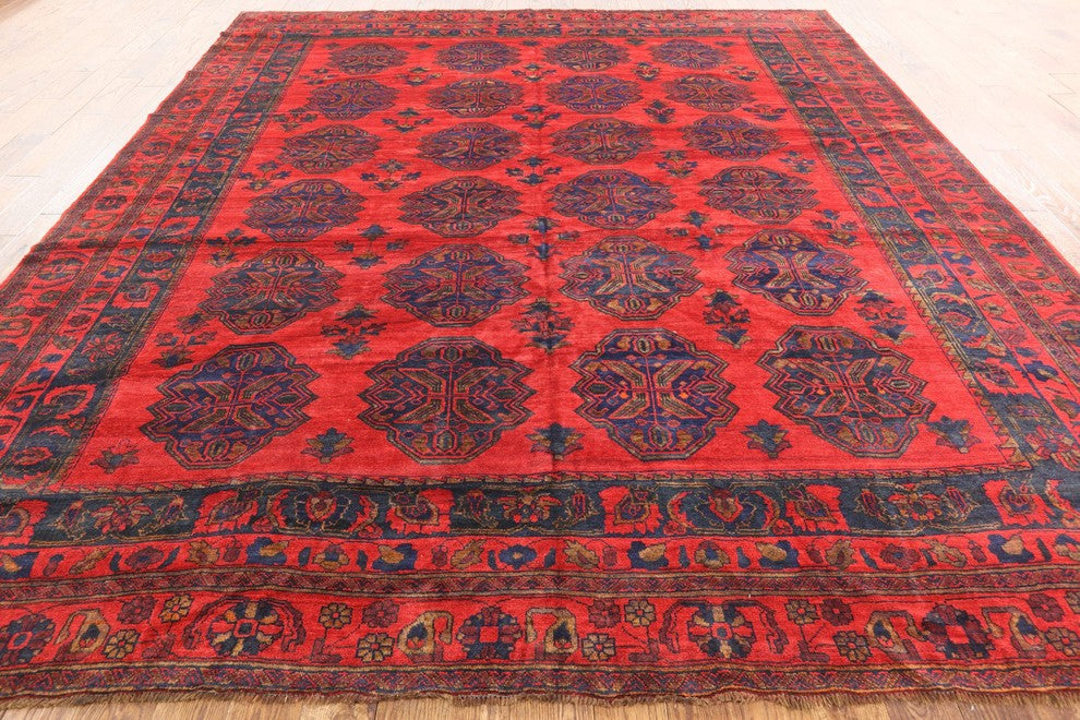 Red Afghan Bokhara Hand-Knotted Oriental Wool Rug, 11'x12'