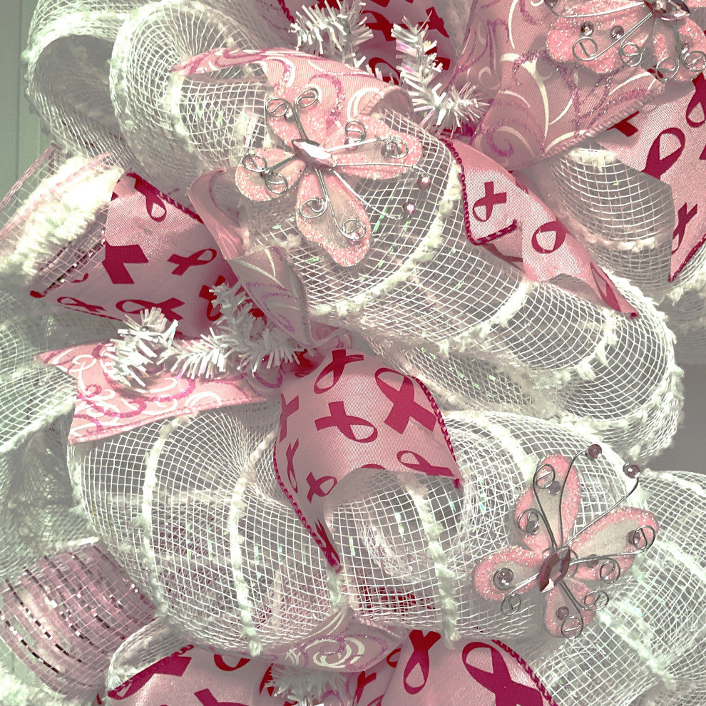 Breast Cancer Awareness Handmade Ribbon Wreath Deco Mesh
