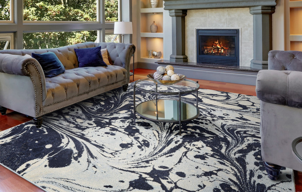Watercolor Marble Plush Area Rug, Blue, 3'3"x4'11"
