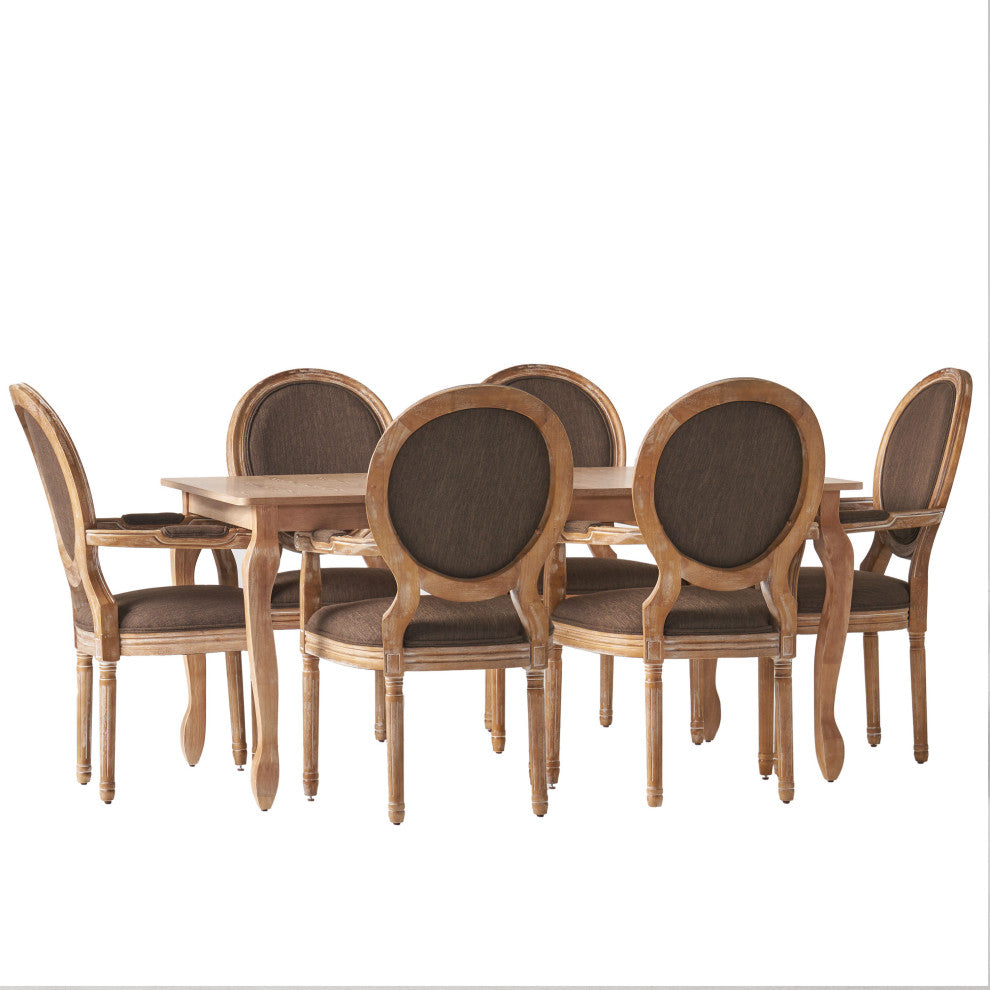 Comisky French Country Fabric Upholstered Wood Expandable 7-Piece Dining Set, Natural Brown/Brown