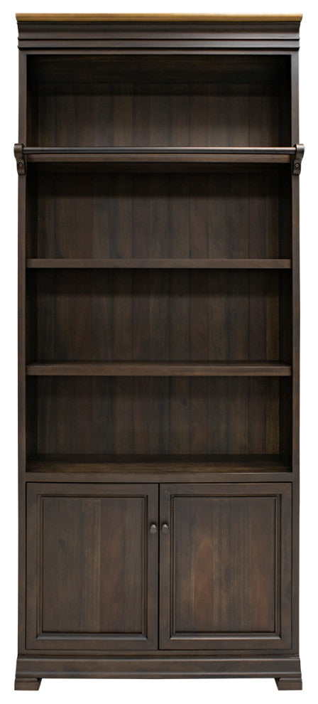 Executive Bookcase Wall With Wood Ladder, Fully Assembled, Brown
