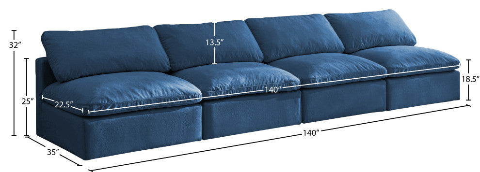 Plush Velvet / Down Standard Comfort Modular Sofa, Navy, 4-Piece: 4 Armless Chair