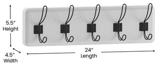 24 Inch Wall Mounted Solid Wood Storage Rack with 5 Hanging Hooks, White