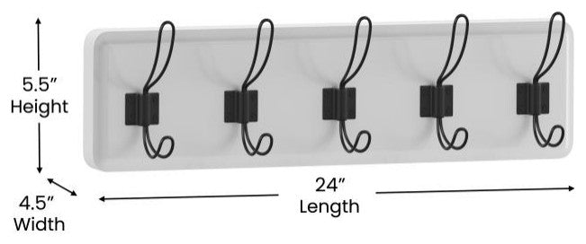 24 Inch Wall Mounted Solid Wood Storage Rack with 5 Hanging Hooks, White