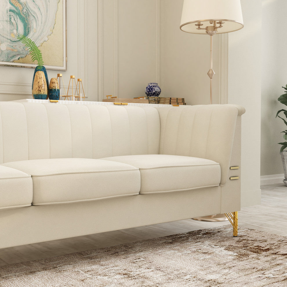 83.4'' Tuxedo Velvet Arm Sofa with Gold Leg, Beige